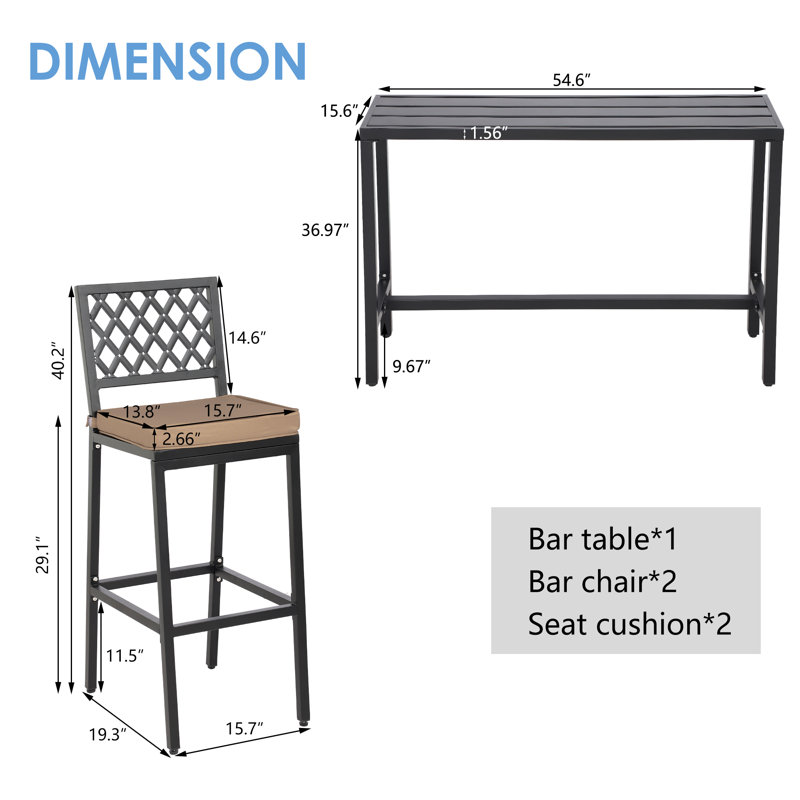 Latitude Run® 2person Long Bar Height Patio Dining Set Outdoor Counter